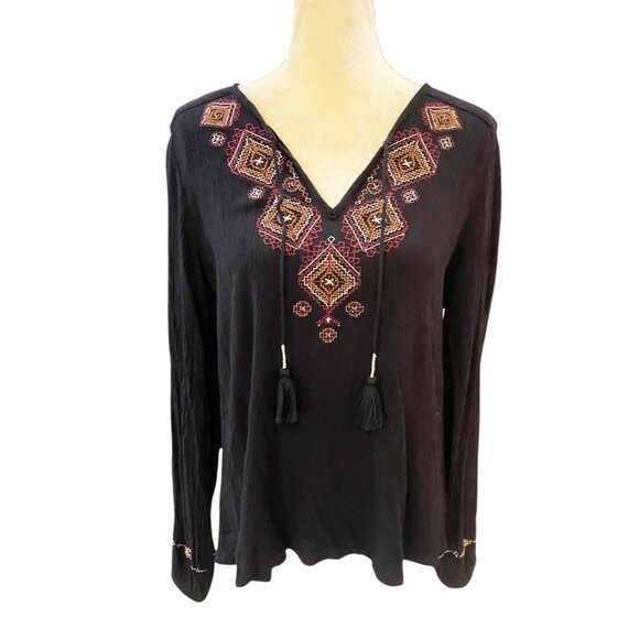 Idyllwind XL Black Embroidered Peasant Blouse Western Tassel Miranda Lambert - Picture 1 of 9
